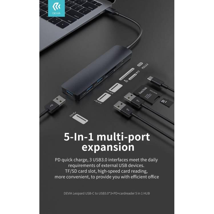 Devia Leopard 5 in 1 HUB Adapter Type-C (USB 3.0*3+PD+Cardreader) Lightweight Multi-port Adapter with Metal Texture - Wear & Oxidation Resistance - High Speed Transmission - Gray