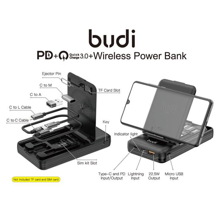 Budi Wireless Powerbank 10000mAh Multi Functional Box / Type-C / Micro USB / Lightning / 5A / 15W / PD 20W - Black