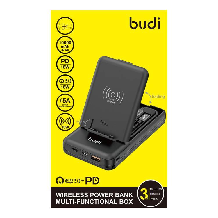 Budi Wireless Powerbank 10000mAh Multi Functional Box / Type-C / Micro USB / Lightning / 5A / 15W / PD 20W - Black