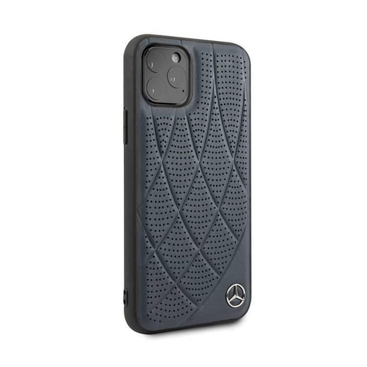 Mercedes-Benz Hard Case Quilted Perforated Genuine Leather For iPhone 11 Pro - Blue