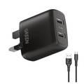 Green Lion Charger Dual USB Port Wall Charger 12W UK with PVC Type-C Cable - Black