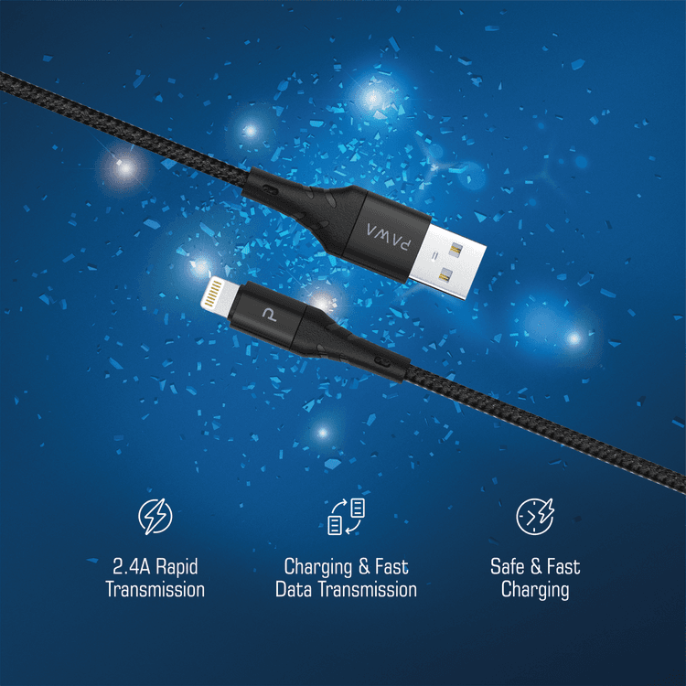 Pawa Nylon Braided 2.4A Data & Quick Charging Lightning Cable 2m/6.5ft - Black