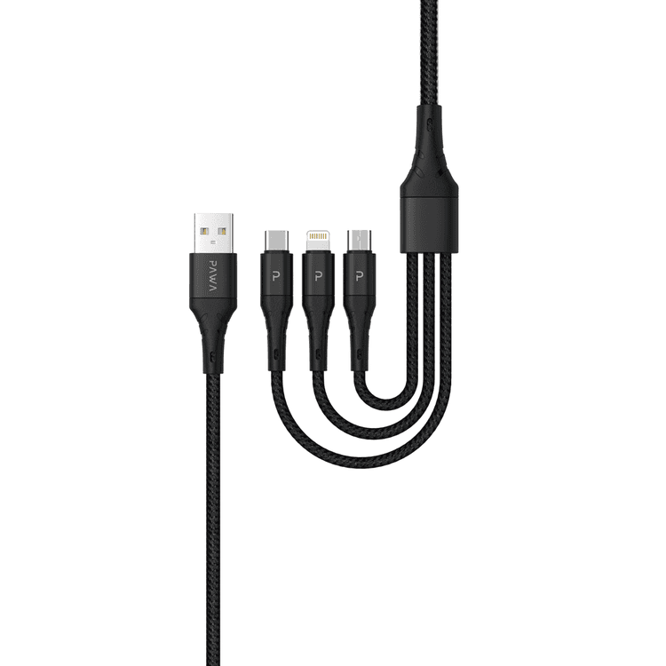 Pawa Nylon Braided 2.4A Data & Quick Charging 3in1 Cable 1.2m/4ft - Black
