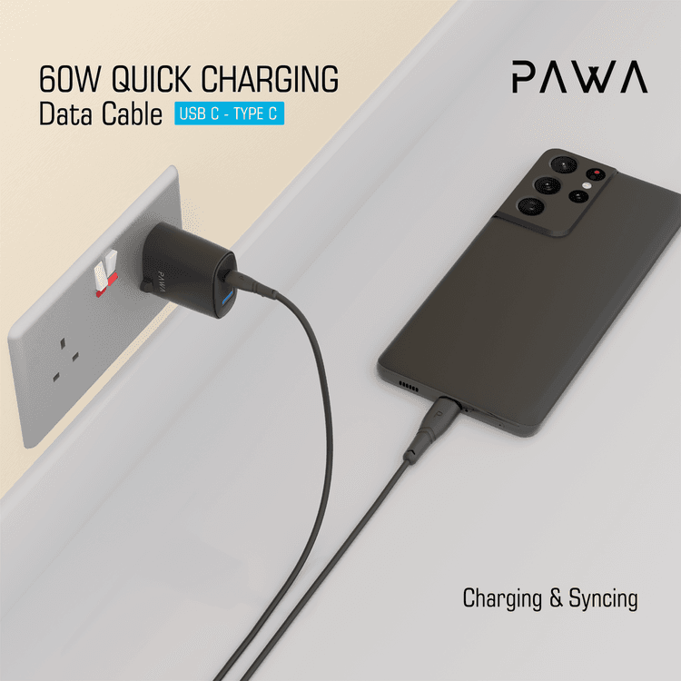 Pawa PVC 60W Data & Quick Charging USB-C to USB-C Cable 1.2m/4ft - Black