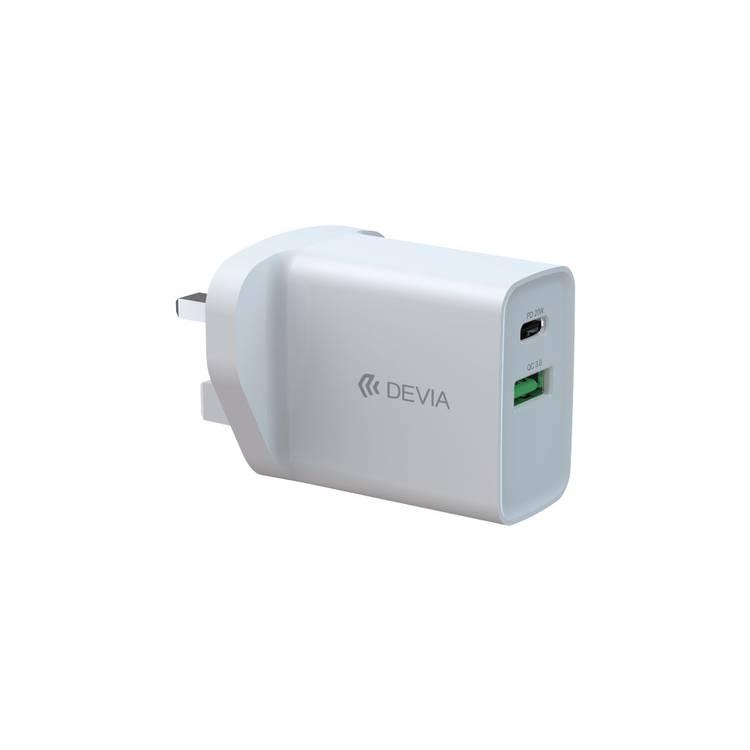 Devia Smart Series PD & QC Quick Charger UK 20W with Type-C to Lightning Cable 1M + USB to Type-C Cable 1M - White