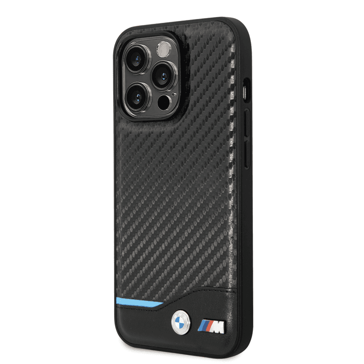 BMW M Collection Magsafe Compatibility PU Carbon Case with Bottom Horizontal Blue Line iPhone 14 Pro Max Compatibility - Black