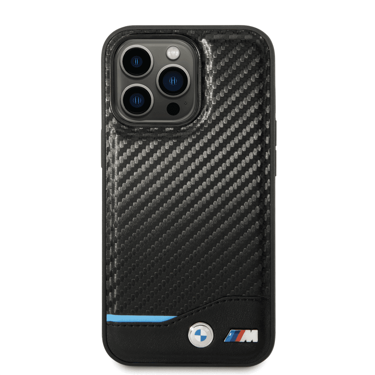 BMW M Collection Magsafe Compatibility PU Carbon Case with Bottom Horizontal Blue Line iPhone 14 Pro Max Compatibility - Black
