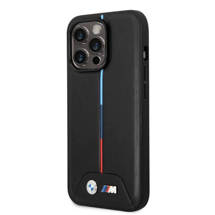 BMW M Collection Magsafe Compatibility Quilted PU Case with Hot Stamped Tricolor Stripe iPhone 14 Pro Max Compatibility - Black