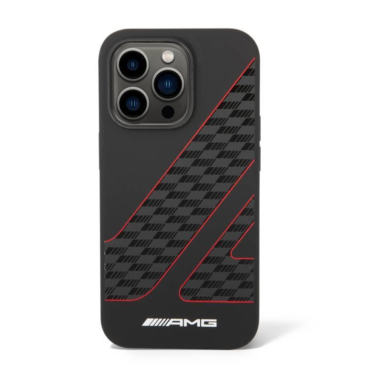 AMG Liquid Silicone Case - Checkered Flag Pattern iPhone 14 Pro Max Compatibility - Black/Red
