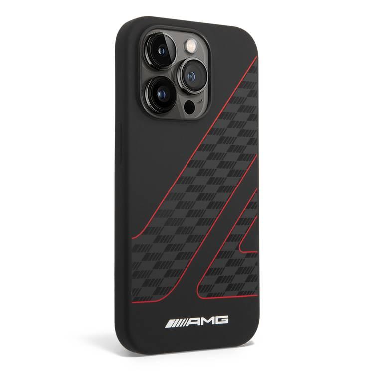 AMG Liquid Silicone Case - Checkered Flag Pattern, Bumper Protection iPhone 14 Pro Compatibility - Black/Red