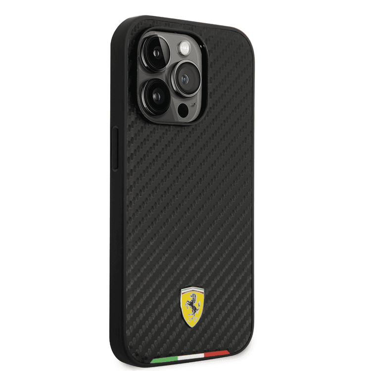 Ferrari HC PU Carbon Effect Case with Italian Flag Line iPhone 14 Pro Max Compatibility - Black
