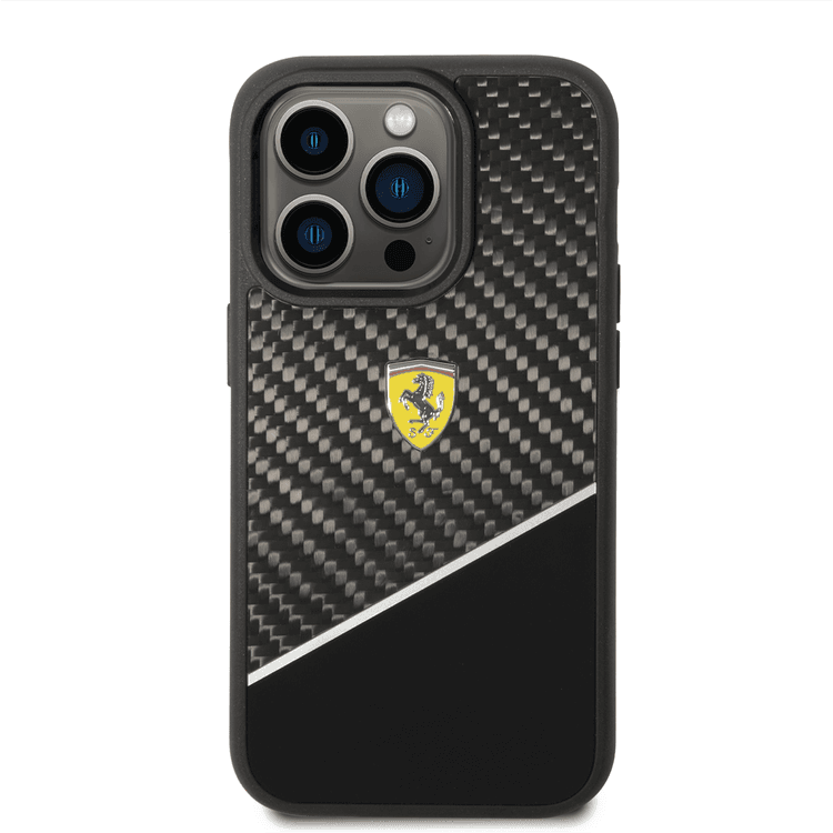 Ferrari Bimaterial Carbon Case & Polycarbonate & Silver Stripe iPhone 14 Pro Max Compatibility - Black
