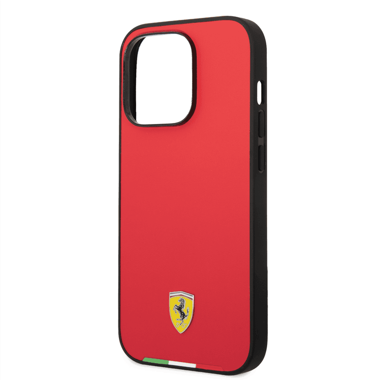 CG Ferrari Magsafe Compatibility Hard PU Smooth Case with Italian Flag Line & Metal Logo iPhone 14 Pro Max Compatibility - Red