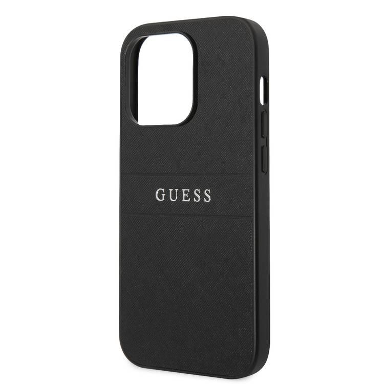 Guess PU Leather Saffiano Case with Metal Logo & Hot Stamp Stripes iPhone 14 Pro Max Compatibility - Black