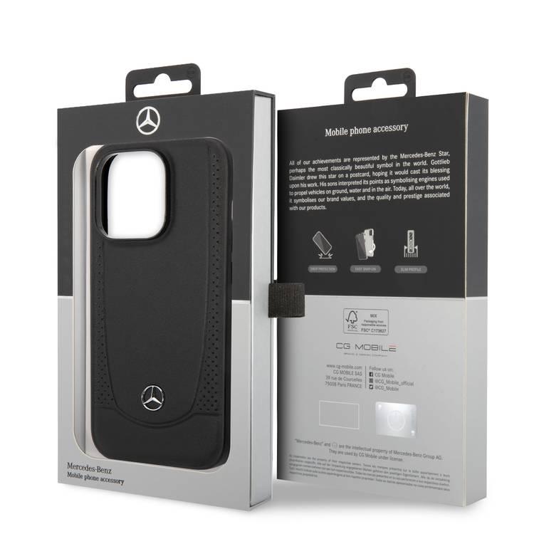 حافظة صلبة من الجلد الطبيعي متوافقة مع Magsafe من Mercedes-Benz مع شعار نجمة معدنية متوافقة مع iPhone 14 Pro - أسود