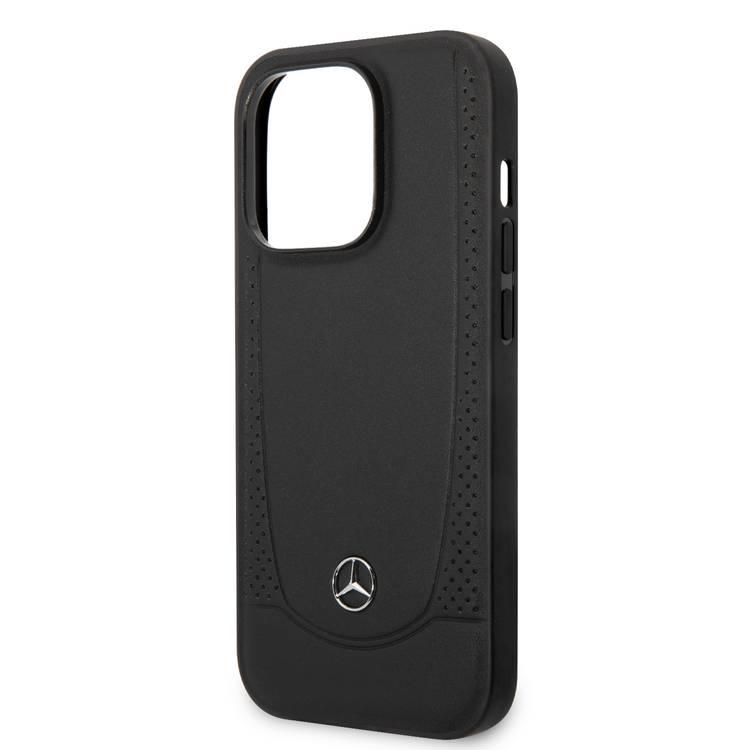 حافظة صلبة من الجلد الطبيعي متوافقة مع Magsafe من Mercedes-Benz مع شعار نجمة معدنية متوافقة مع iPhone 14 Pro - أسود