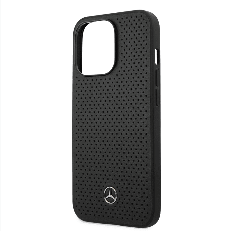 Mercedes-Benz Genuine Leather Hard Case with Perforated Metal Star Logo iPhone 14 Pro Max Compatibility - Black
