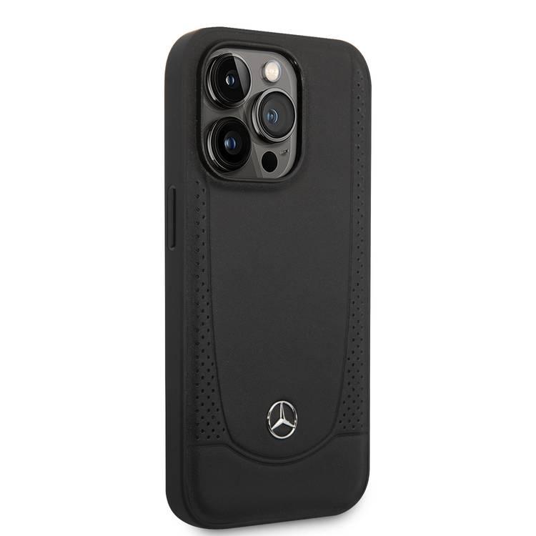 حافظة صلبة من الجلد الطبيعي متوافقة مع Magsafe من Mercedes-Benz مع شعار نجمة معدنية متوافق مع iPhone 14 Pro Max - أسود