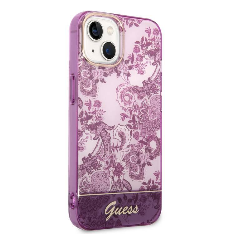 Guess PC/TPU IML Case with Double Layer Electroplated Camera Outline & Toile De Jouy iPhone 14 Compatibility - Fuchsia