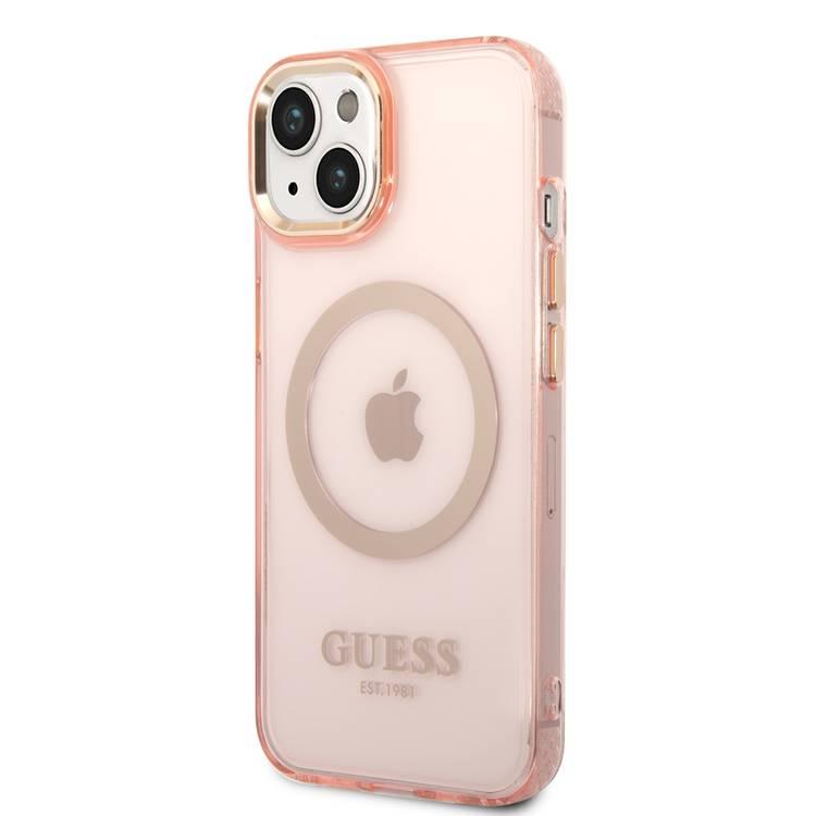 Guess Magsafe Compatibility Case with Translucent Gold Outline iPhone 14 Compatibility - Pink