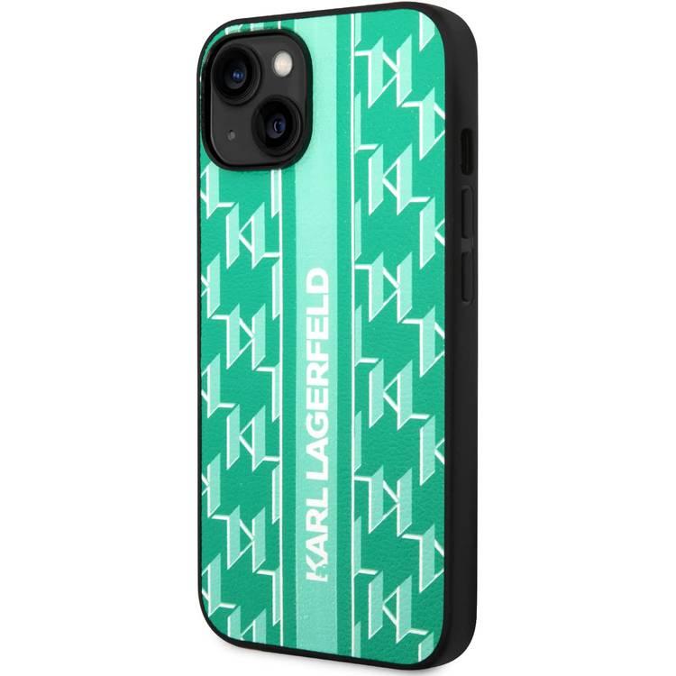 Karl Lagerfeld Grained PU Leather Case with Monogram Pattern & Vertical Logo iPhone 14 Compatibility - Green