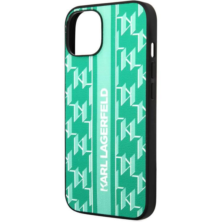 Karl Lagerfeld Grained PU Leather Case with Monogram Pattern & Vertical Logo iPhone 14 Compatibility - Green