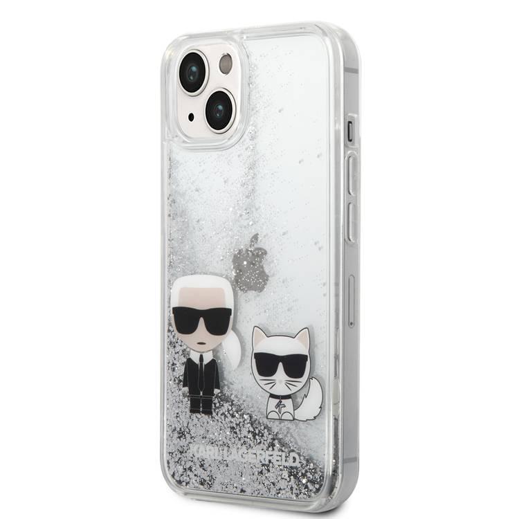Karl Lagerfeld Liquid Glitter Silicone Case Karl and Choupette Protector iPhone 14 Compatibility - Silver