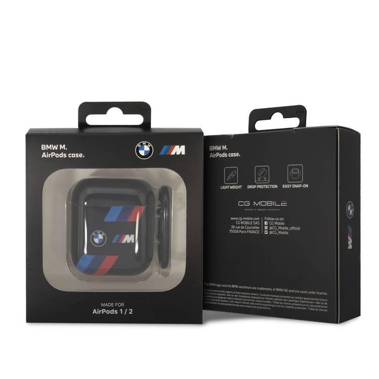 BMW M Collection Airpods Cases TPU Tricolor Lines And Logo Printed Glossy Compatible with Airpods 1/2 - Black