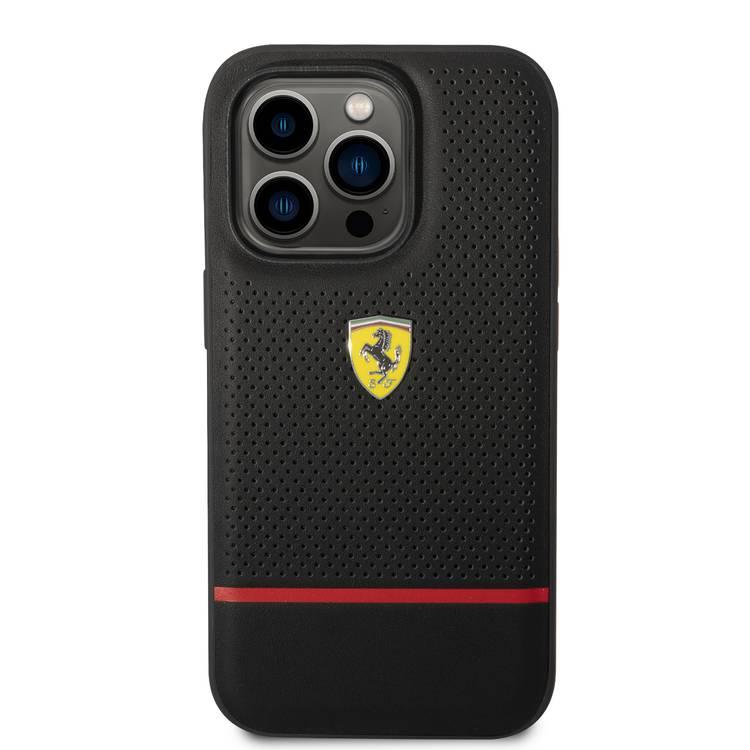 جراب Ferrari جلد أصلي مثقوب وخط متباين سفلي لهاتف iPhone 14 Pro - أسود