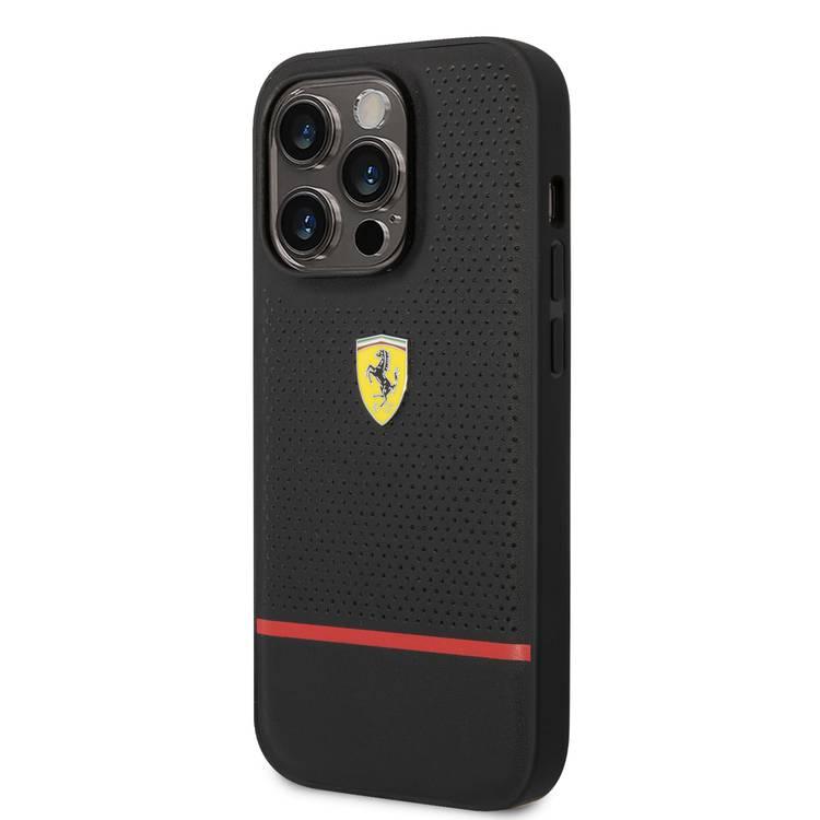 جراب Ferrari جلد أصلي مثقوب وخط متباين سفلي لهاتف iPhone 14 Pro - أسود