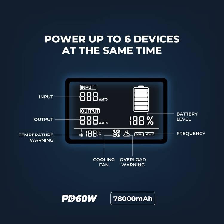 مولد طاقة بقوة 78000 مللي أمبير / ساعة بقوة 300 وات و 60 وات USB-C مزود بالطاقة مع شحن سريع USB بقوة 18 وات - أسود