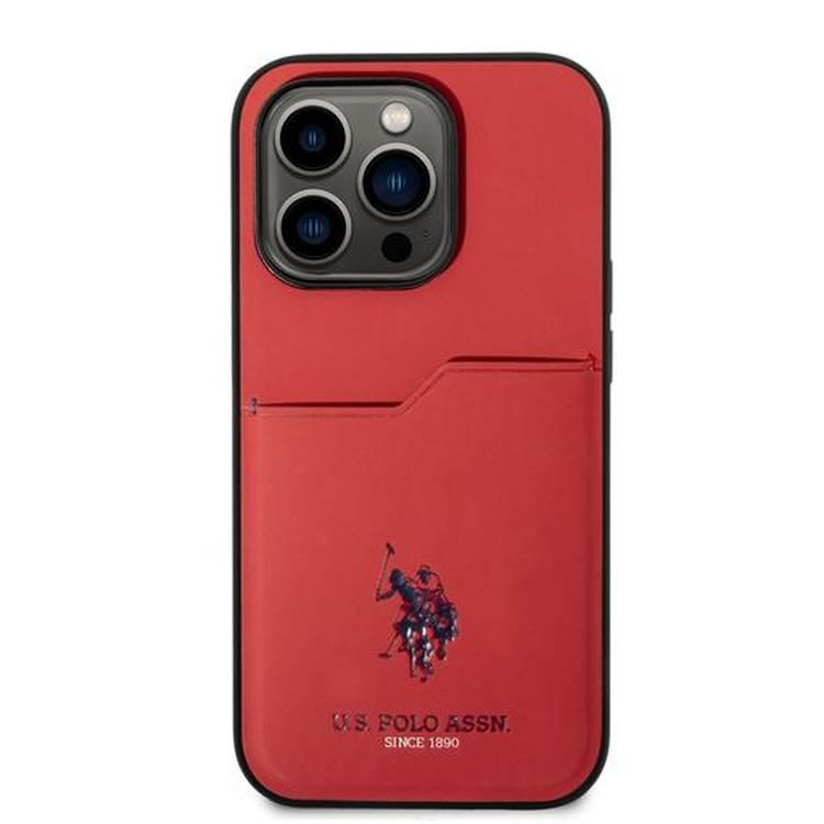 جراب صلب بفتحة بطاقة يو إس بولو لهاتف iPhone 14 Pro - أحمر