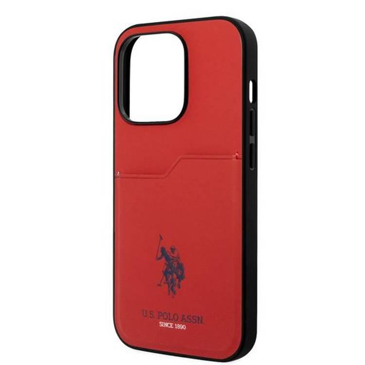 جراب صلب بفتحة بطاقة يو إس بولو لهاتف iPhone 14 Pro - أحمر