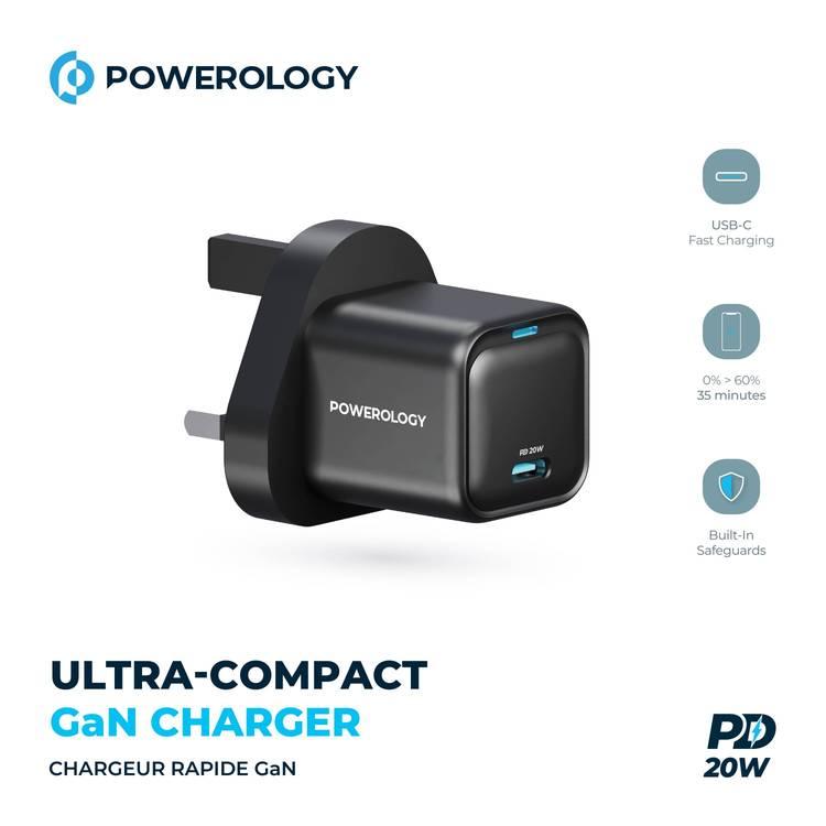 Powerology UK 3Pin Ultra-Compact GaN Charger  - Black