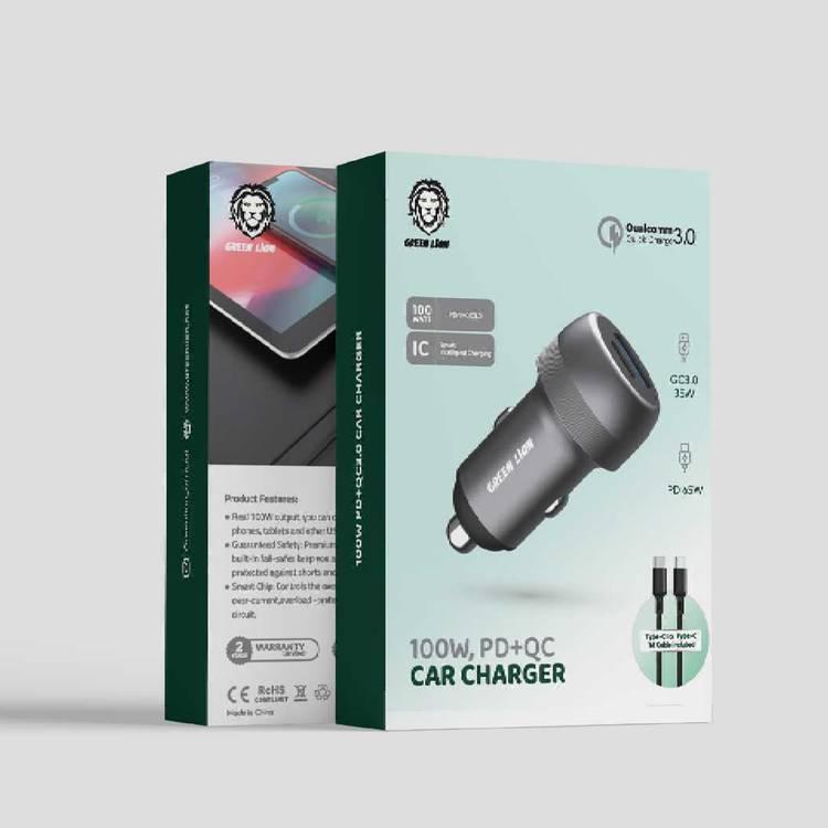 Green Lion 100W PD + QC Car Charger With Type-C To Type-C Cable (1m)