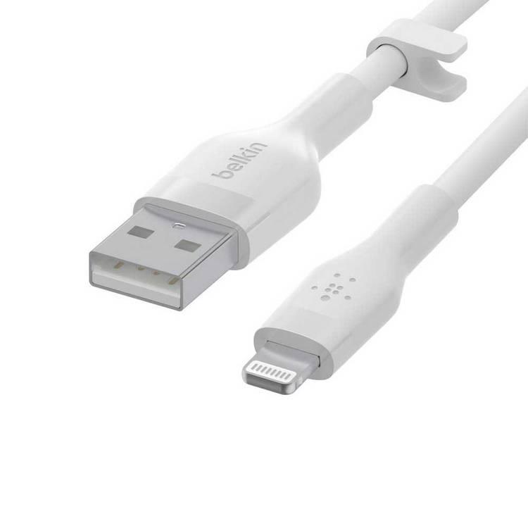 وصلة Belkin BOOST CHARGE™ Flex USB-A إلى Lightning من السيليكون الناعم الملمس، 1 متر - أبيض