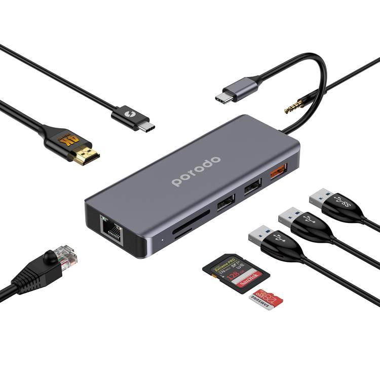 Porodo 9in1 USB-C Hub Type-C PD 100W HDMI Ethernet USB SD Card 3.5mm Aux