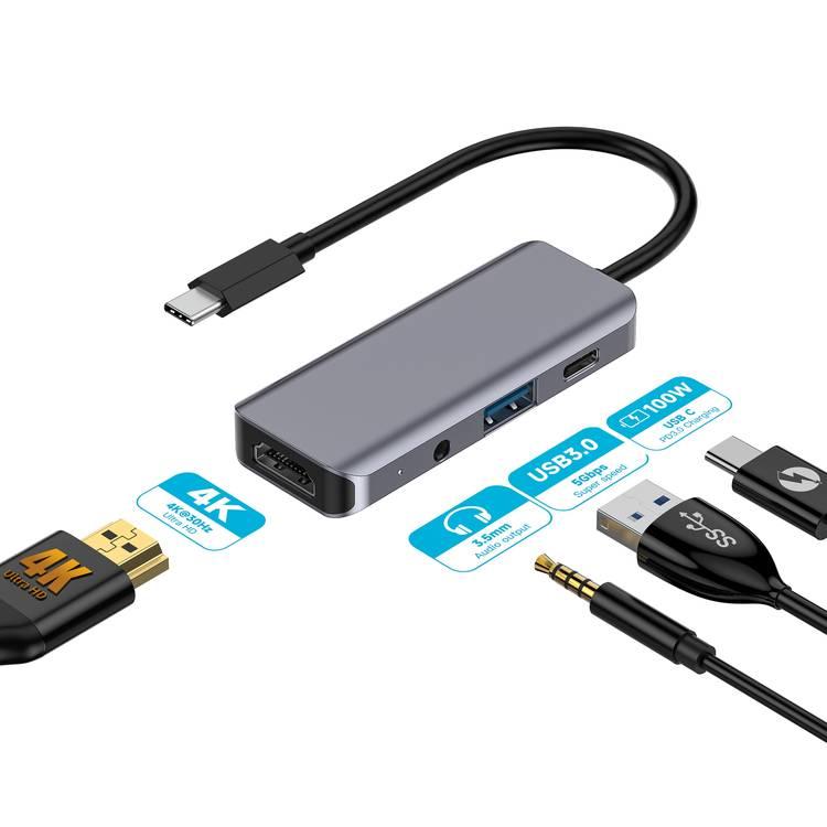 Porodo 4in1 USB-C Hub Type-C PD 100W HDMI USB 3.5mm Aux