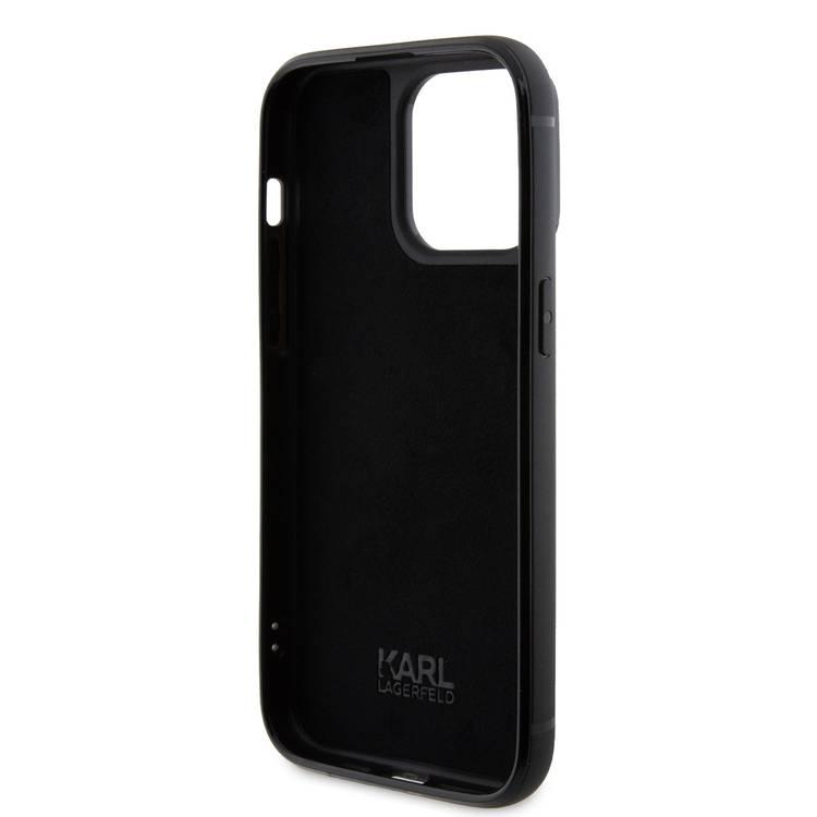 حافظة كارل لاغرفيلد بلوحة معدنية مع حجر الراين وشعار لهاتف iPhone 15 Pro Max - أسود