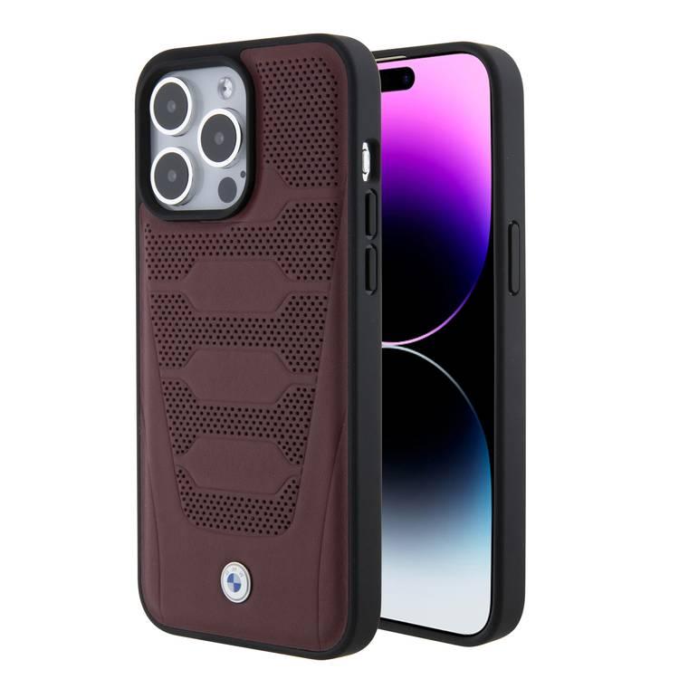 BMW Leather Case with Sign Seats Pattern for iPhone 15 Pro Max - Burgundy