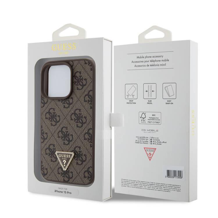 Guess PU Leather Case with 4G Triangle Strass & Triangle Logo - Brown - iPhone 15 Pro