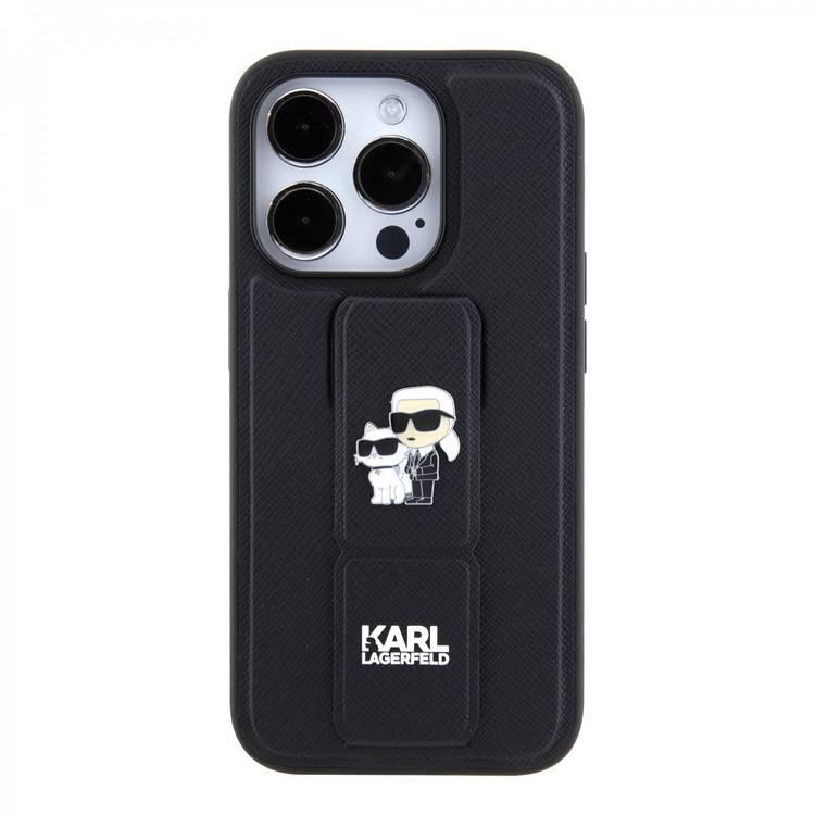 Karl Lagerfeld Saffiano Leather Grip Case with Karl & Choupette Logo - Black - iPhone 15 Pro Max