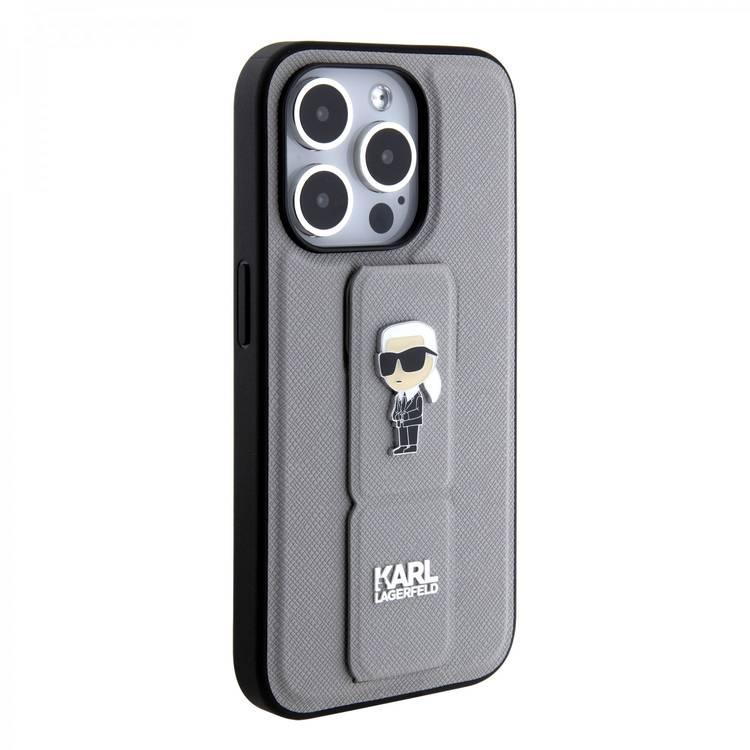 Karl Lagerfeld Saffiano Leather Grip Case With Karl Ikonik Logo - Silver - iPhone 15 Pro