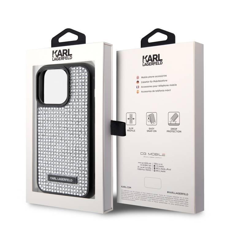 Karl Lagerfeld Rhinestone with Logo Metal Plate Case for iPhone 15 Pro - Silver