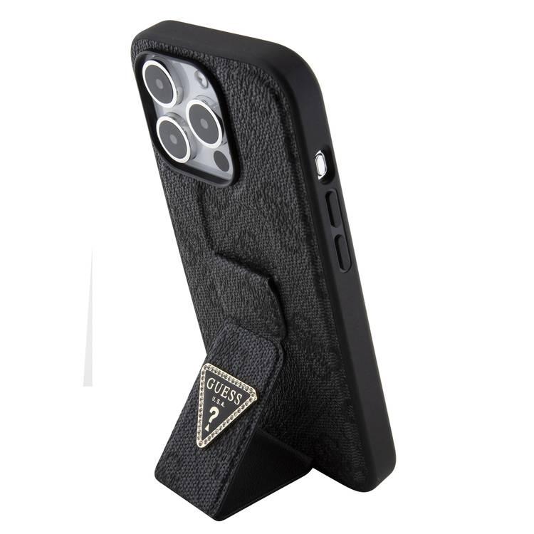 Guess Gripstand Saffiano Case with 4G Strass Metal Logo - Black - iPhone 15 Pro Max
