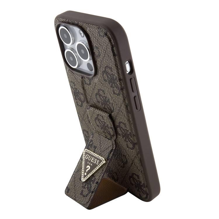 Guess Gripstand PU Leather Case with 4G Triangle Strass Pattern - Brown - iPhone 15 Pro
