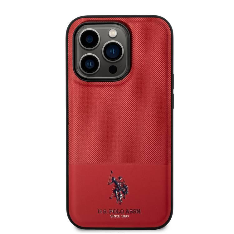 U.S.Polo Assn. PU Leather Mesh Pattern DH Case for iPhone 15 Pro Max - Black - أحمر - iPhone 15 Pro Max