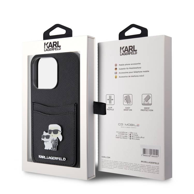 حافظة كارل لاغرفيلد سافيانو مع فتحات للبطاقات ودبوس معدني على شكل رأس كارل ليغرفيلد تشوبيت - أسود - iPhone 15 Pro Max
