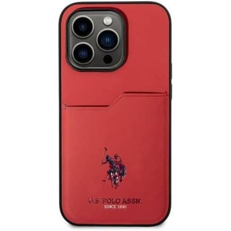 يو اس بولو أسن. حافظة صلبة بفتحة بطاقة PU - أحمر - iPhone 15 Pro