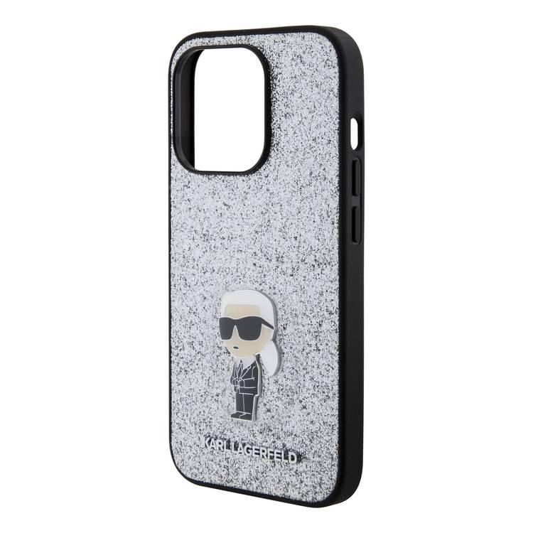 حافظة Karl Lagerfeld اللامعة الثابتة مع دبوس معدني يحمل شعار Ikonik - فضة - iPhone 15 Pro